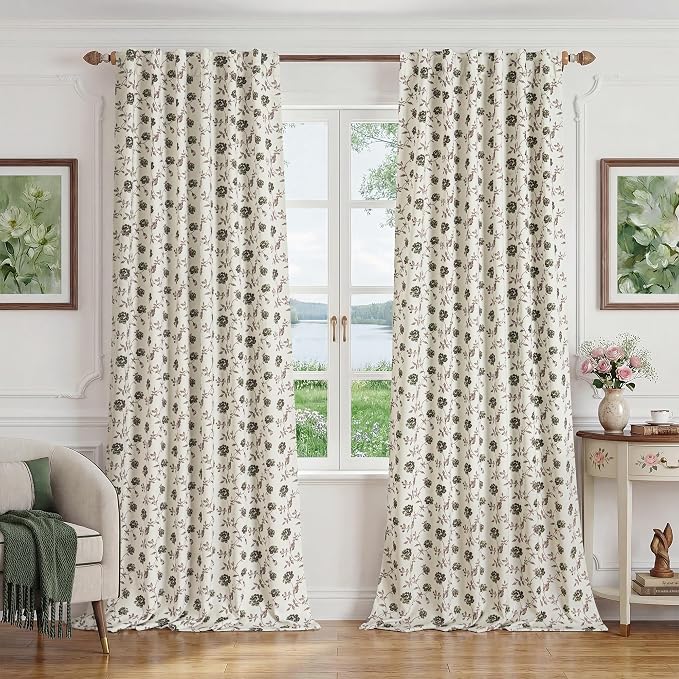 Beauoop Floral 100% Blackout Curtains Bedroom Green Brown 52x63 2 Panels | Rose - Image 2