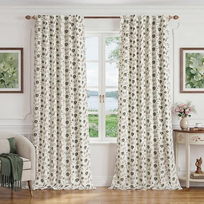 Beauoop Floral 100% Blackout Curtains Bedroom Green Brown 52x96 2 Panels | Rose - Image 2