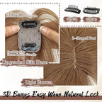 Hair Toppers for Women Real Human Hair - 360° Coverage Light Brown Clip In Topper with Bangs for Thinning Hair Upgraded 4×6 cm Silk Base Ideal for Everyday Use