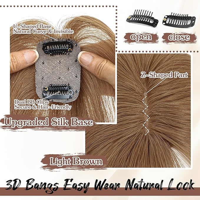 Hair Toppers for Women Real Human Hair - 360° Coverage Light Brown Clip In Topper with Bangs for Thinning Hair Upgraded 4×6 cm Silk Base Ideal for Everyday Use
