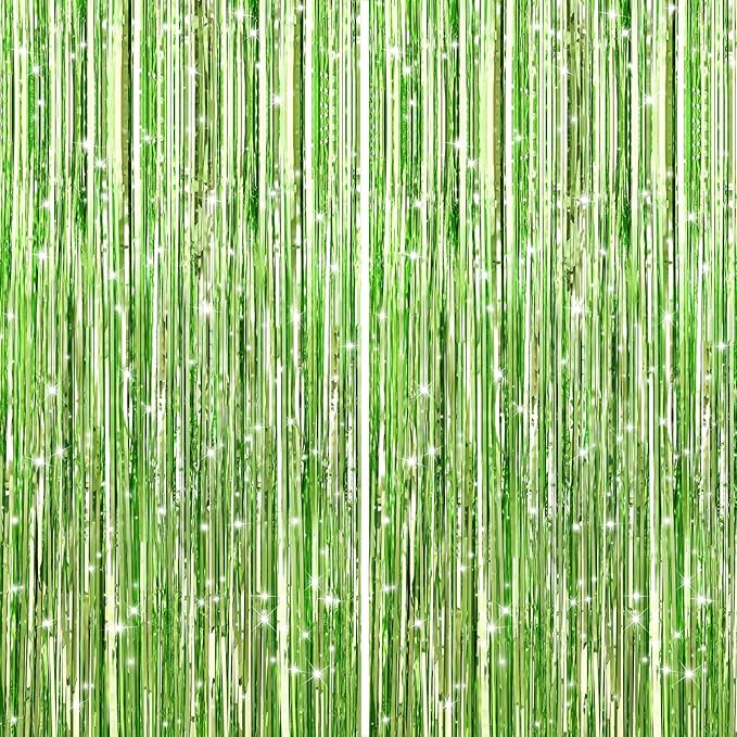 GCB 2Pack Light Green Foil Curtain Backdrop Green Metallic Tinsel Foil Fringe by GCBPartyDecorations
