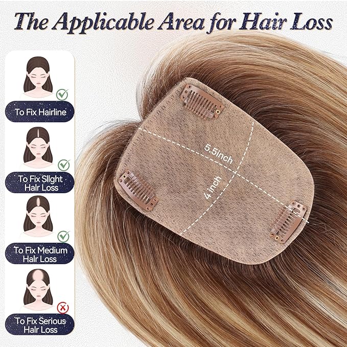 starluck Human Hair Toppers for Women Real Human Hair No Bangs 4 * 5.5 inch Base 12 inch SilkHug Hair Topper for Women Cover Grey Roots(Brown with Blonde Highlight)