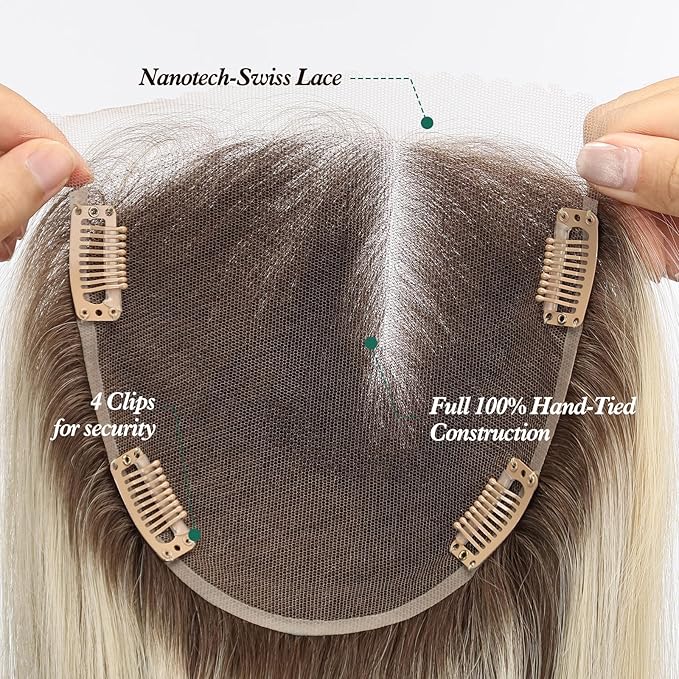 Full Hand Tied Hair Toppers for Women Remy Human Hair Lace Front Topper 14 Inch 6"×6" Partial wig Cover Thinning Hair or Loss No Bangs Top Hair Pieces (Ombre Blonde)