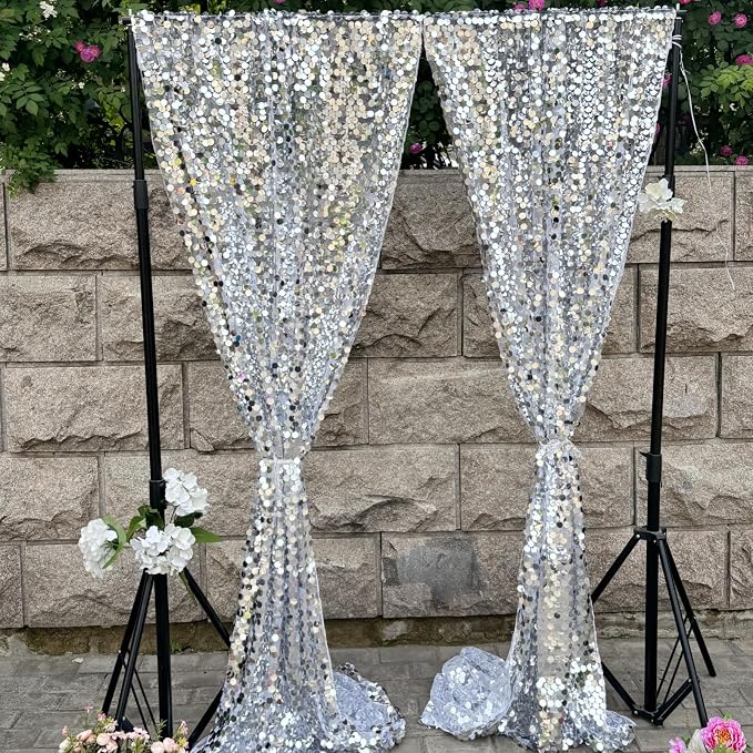 Silver Sequin Backdrop 18MM Large Sequins, 4x10 Feet, 2 Panel Glitter Sparkler - Image 4