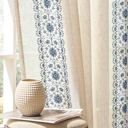 jinchan Floral Linen Curtains Embroidered Back Tab 50x84in 2 Panels Blue | by JINCHAN