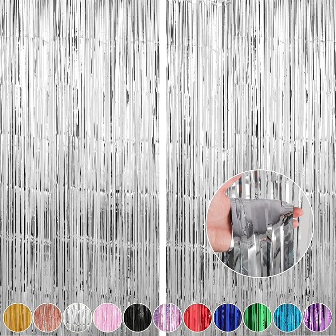 Crosize 2 Pack 3.3 x 9.9 ft Silver Foil Fringe Backdrop Curtain, Streamer by Crosize