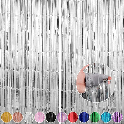 Crosize 2 Pack 3.3 x 9.9 ft Silver Foil Fringe Backdrop Curtain, Streamer by Crosize