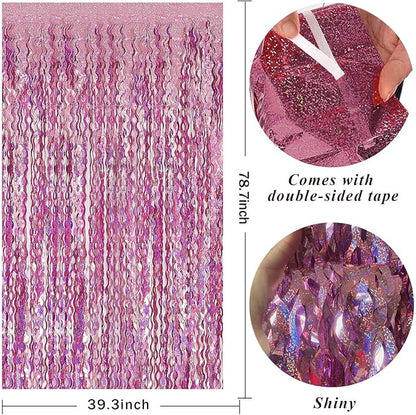 Pink Backdrop Party Decorations Pink Streamers Tinsel Foil Fringe Curtains Wavy - Image 2
