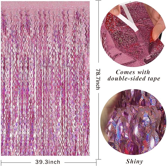 Pink Tinsel Foil Fringe Curtains Wavy Backdrop - Image 2