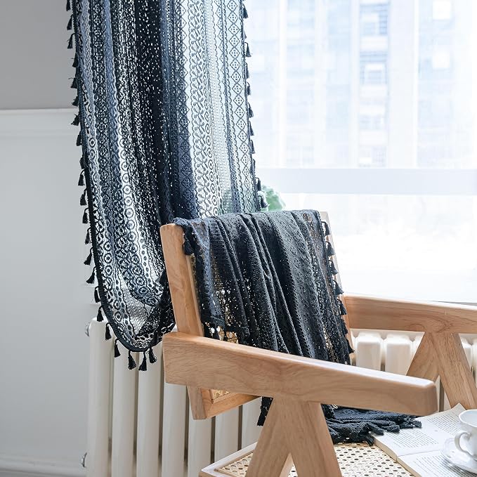 Sutuo Home Black Boho Curtain for Halloween Decor, Sheer Crochet Lace Handmade - Image 9