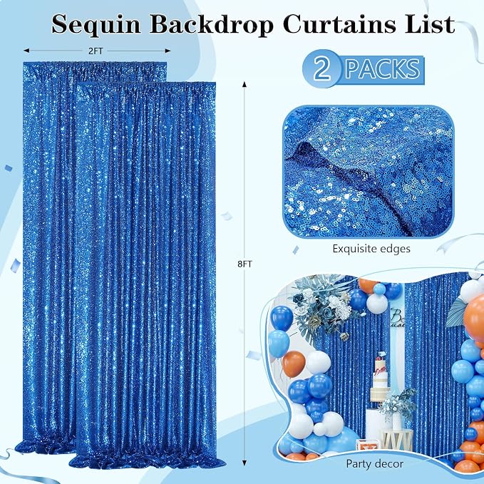 Royal Blue Backdrop Curtain Panels 2 Pieces 2ftx8ft Sequin Party Background | - Image 4