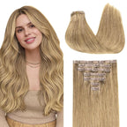 GOO GOO Clip in Hair Extensions Real Human Hair, Remy Human Hair Extensions Clip ins for Women, Natural Human Hair, 24inch 160g 7Pcs, 7 Bronde
