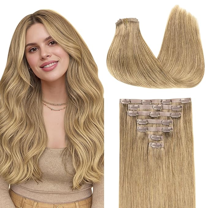 GOO GOO Clip in Hair Extensions Real Human Hair, Remy Human Hair Extensions Clip ins for Women, Natural Human Hair, 14inch 110g 7Pcs, 7 Bronde