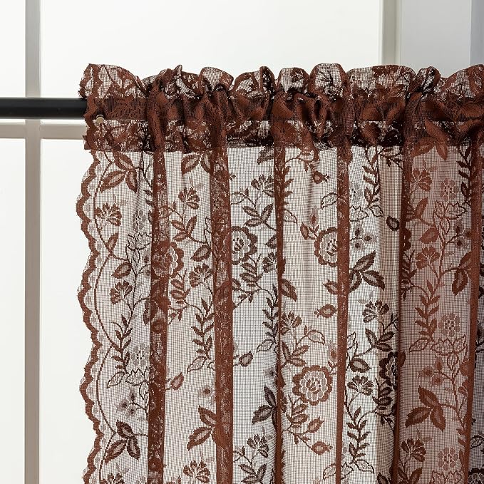 Chestnut Brown Sheer Lace Curtains Leaf Floral W42 x L45 Inch, 2 Panels | Rod - Image 3