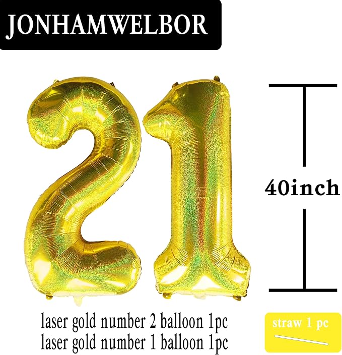 Jonhamwelbor 40 Inch Laser Gold 21 Balloon Number Foil Mylar Giant Balloon - Image 2