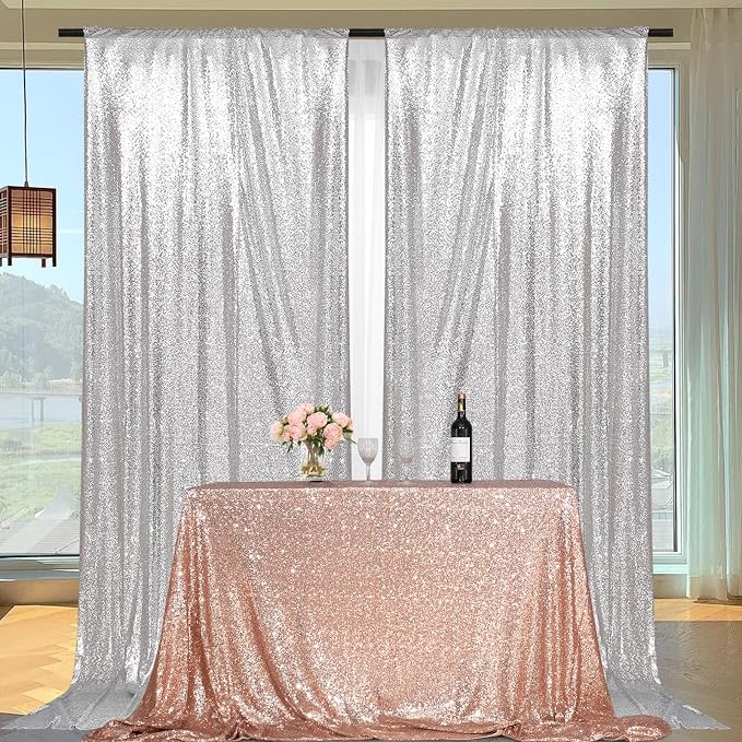 PartyDelight Silver Sequin Backdrop Curtains 5x10ft 2 Panels | Sparkly 3mm - Image 6