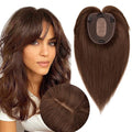 Hair Toppers for Women Real Human Hair With Bangs, 13 * 15 cm Larger Silk Base 150% Density Clip In Topper Hairpieces, Wiglet Top Pieces Add Volume -10 Inch 04 Medium Brown