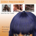 Nnzes Wig with Bangs for Women Short Bob Wavy Charming Synthetic Dark Blue Wigs with Natural Shoulder Length Curly Heat Resistant Hair for Daily Party Use