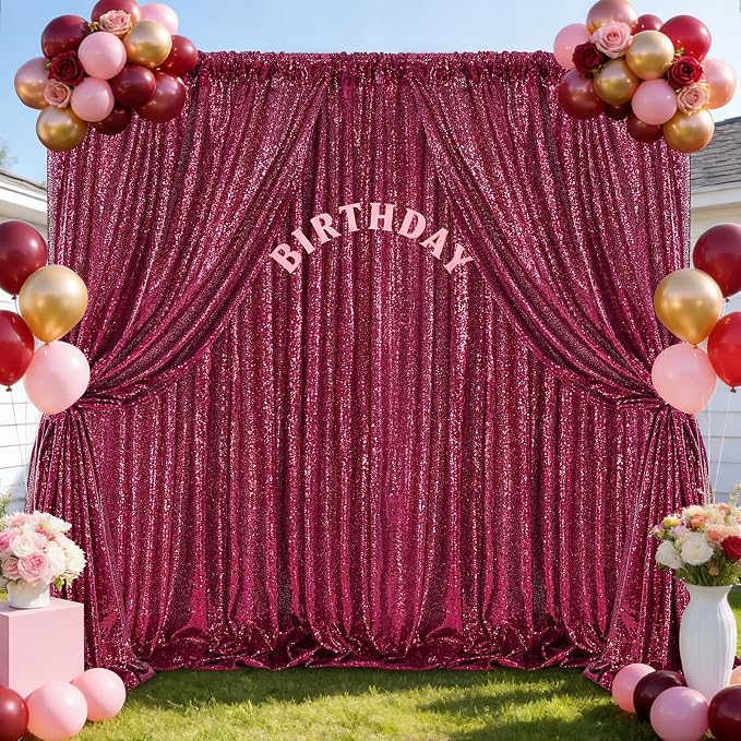 Burgundy Sequin Backdrop Curtains Party Photo Glitter Drapes 2 Pcs 2FTx8FT | - Image 5