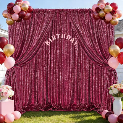 Burgundy Sequin Backdrop Curtains Party Photo Glitter Drapes 2 Pcs 2FTx8FT | - Image 5