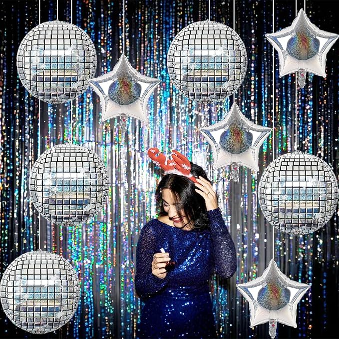 9 Pcs Disco Ball Balloons and Star Balloons 22/18 4D Ball Balloons Laser - Image 5