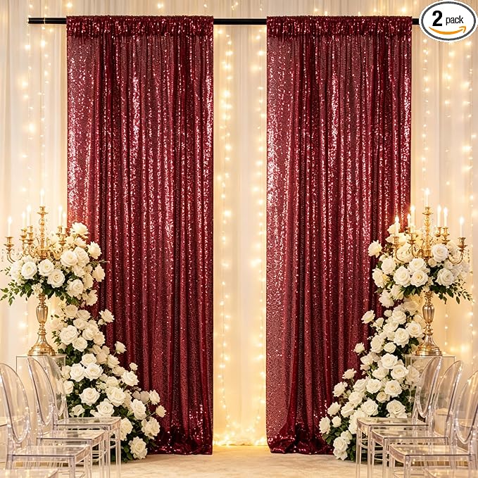 ShinyBeauty Sequin Backdrop 2 Panels 4x7ft Burgundy by ShinyBeauty