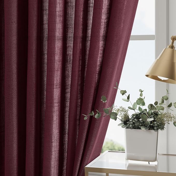 Burgundy Linen Curtains Semi Sheer 96 Inches Long 2 Panels Set - Image 4