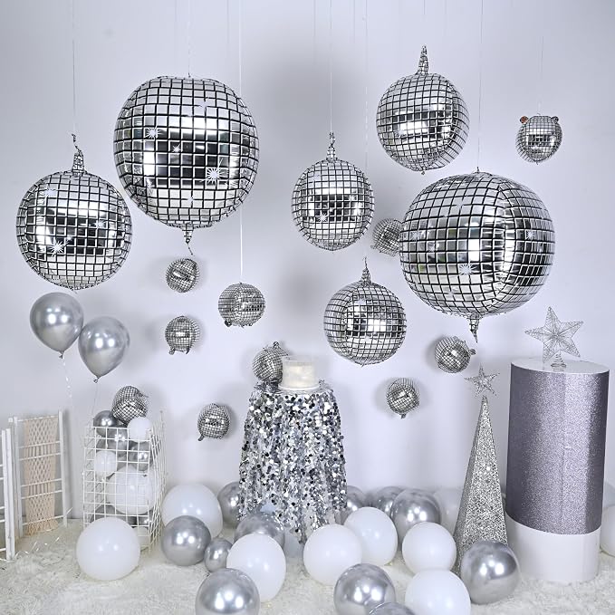 HILAVO 22 Inch Large 4D Metallic Silver Disco Ball Balloon - Image 7