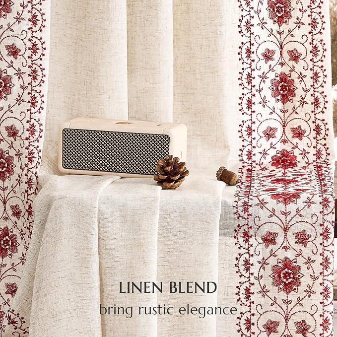 jinchan Floral Linen Curtains Embroidered Back Tab 50x84in 2 Panels Red | Light - Image 9