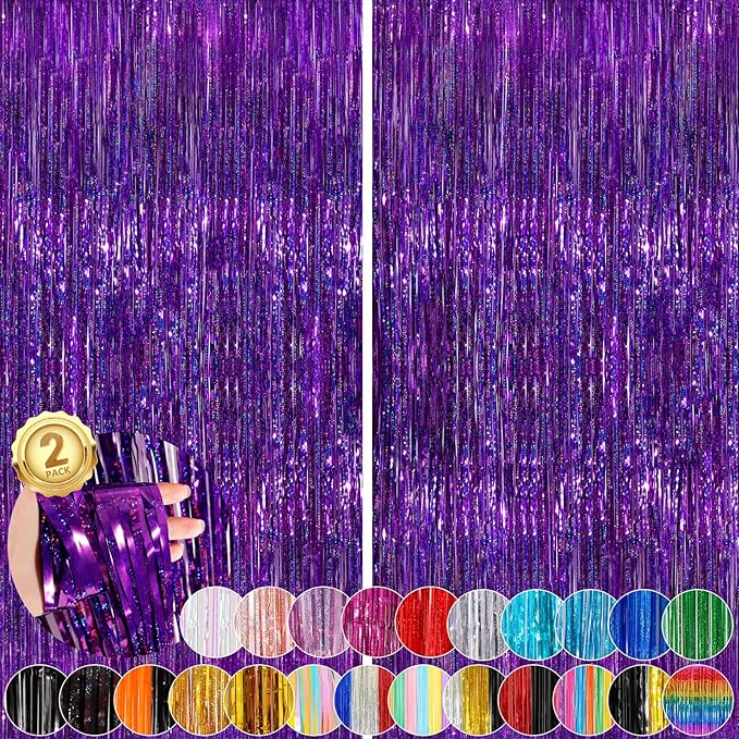 2 Pack Purple Metallic Tinsel Foil Fringe Curtains, Foil Curtain Backdrop by UWPVOWSR
