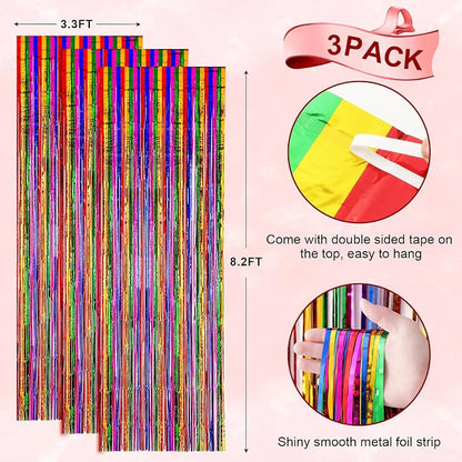 Voircoloria Rainbow Foil Fringe Backdrop Curtains, 3 Pack | Tinsel Streamers - Image 3