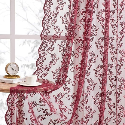 FOLKSIDE Burgundy Lace Curtains 45 Inch Length 2 Panels Set Wine Victorian Lace by FOLKSIDEHomeDecoration