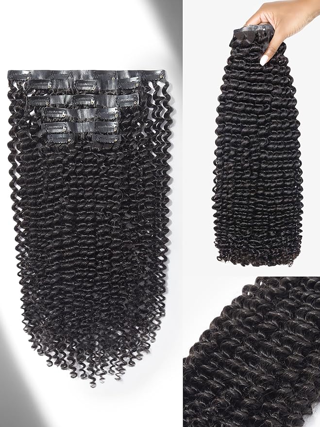 LUVME Kinky Curly Clip ins for Women, Seamless PU Weft Curly Clip in Hair Extensions Human Hair Brazilian Remy Human Hair Natural Black Clip ins 135g 9pcs 18Inch
