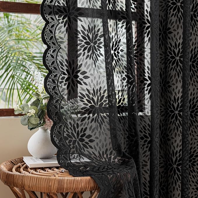 MIULEE Black Floral Lace Curtains 2 Panels, Light Filtering Rod Pocket Panels by MIULEE