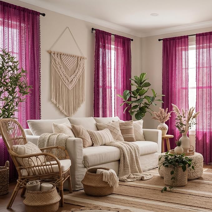 WAZZIO Boho Lace Curtains 84 Inches 2 Panel, Light Filtering Privacy Tassel & - Image 11
