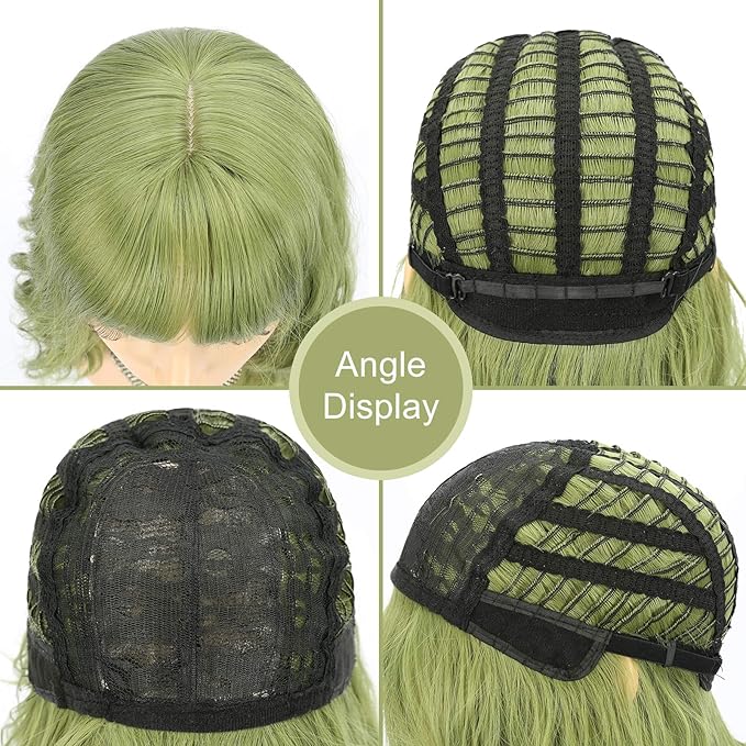 FAELBATY Green Wave Bob Wigs With Bangs Synthetic Cosplay Wig for Girl Shoulder Length Wig for women Costume Wigs(12" Light Jade Green)