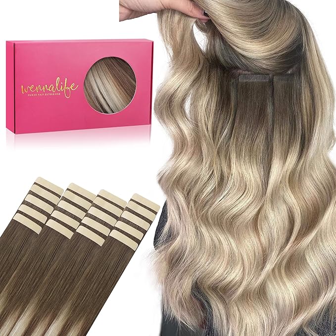 WENNALIFE Tape in Hair Extensions Human Hair, 20pcs 60g 26 inch Ombre Sandy Brown to Platinum Blonde Remy Hair Extensions Straight Human Hair Tape in Extensions Skin Weft Tape Extensions Human Hair