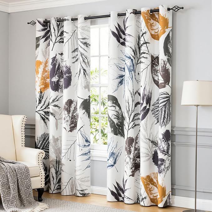 SUBRTEX Boho Leaf Printed Curtains 95 inch Long 2 Panels, Room Darkening by Subrtex