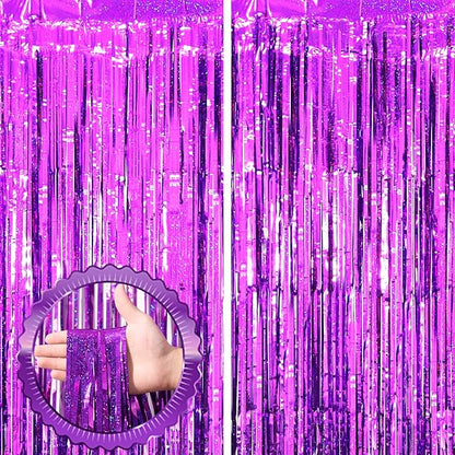 Voircoloria Laser Purple Foil Fringe Backdrop Curtains, 2 Pack | Tinsel by Voircoloria