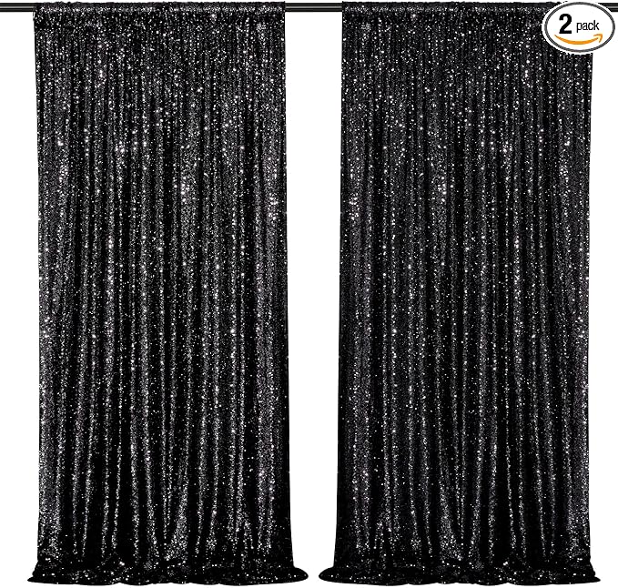 Black Sequin Backdrop Curtains, 2 Panels 4FTx8FT Black Curtain Backdrop Glitter by SoarDream