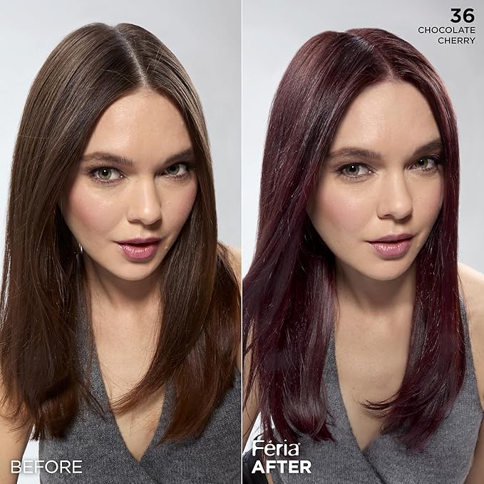 L'Oreal Paris Feria Multi-Faceted Shimmering Permanent Hair Color, 36 (Chocolate Cherry) Deep Burgundy Brown, Pack of 2 Hair Dye Kit