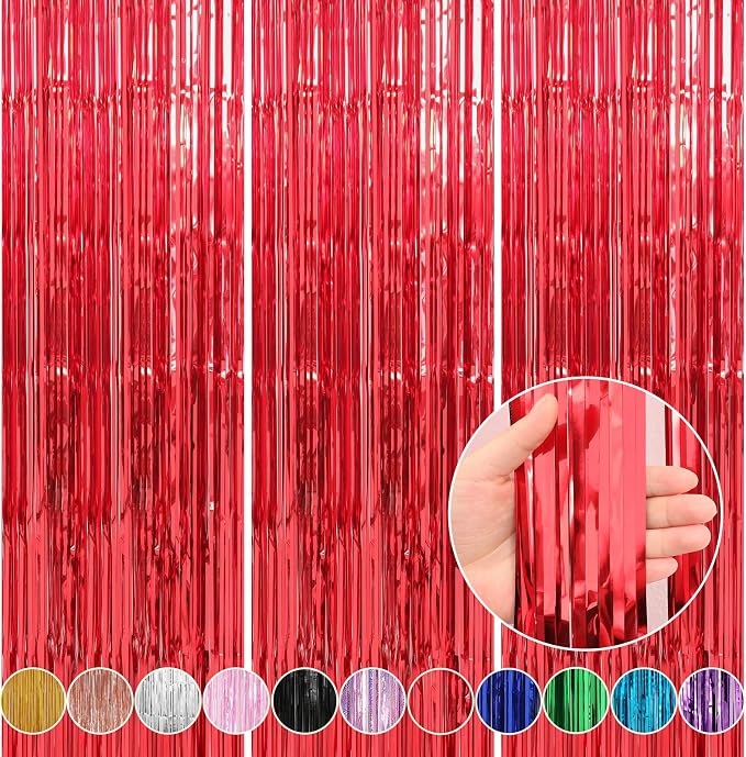 3 Pack 3.3 x 9.9 ft Red Foil Fringe Curtains Streamers Party Decorations | Foil by Crosize