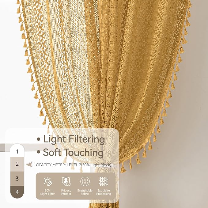 WAZZIO Boho Lace Curtains 84 Inches 2 Panel, Light Filtering Privacy Tassel & - Image 4