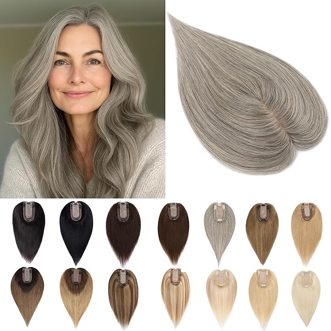 SEGO Grey Hair Toppers for Women Real Human Hair No Bangs, Salt and Pepper Hair Topper, 7 * 13 CM Silk Base Clip In Top Pieces Add Volume -12 Inch G3 Light Grey Mix