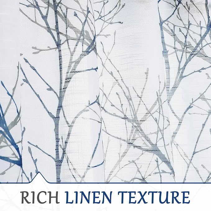 FMFUNCTEX Linen Blue White Semi Sheer Print Curtains 72 Inch Long 2 Panels | - Image 4
