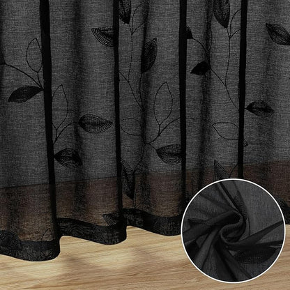 HOMEIDEAS Black Sheer Curtains 2 Panels, Embroidered Leaf Gothic, W52 x L96 | - Image 4