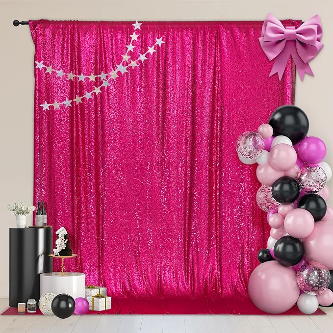 PartyDelight Hot Pink Sequin Backdrop 6x8ft Sparkly Photo Curtain | 4 Inch Rod by PartyDelight