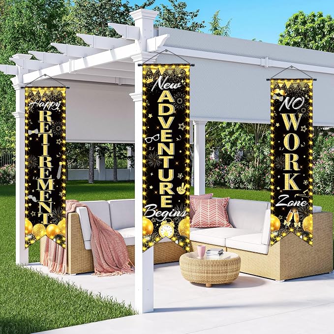 3Pcs Retirement Porch Sign Door Hanging Banner Black Gold Happy Retirement - Image 6