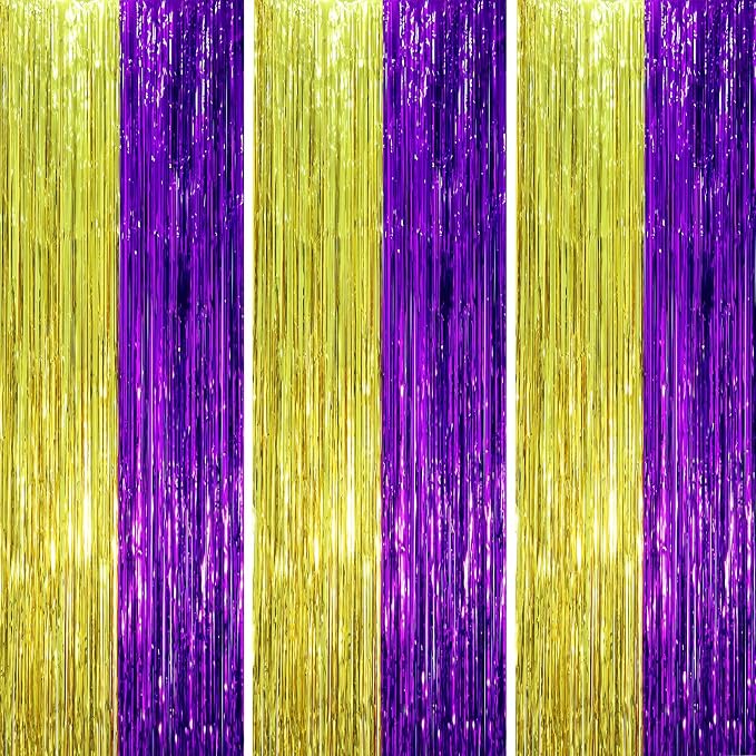 Voircoloria Purple Gold Foil Fringe Backdrop Curtains, 3 Pack | Tinsel Streamers by Voircoloria