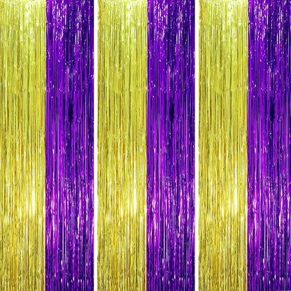 Voircoloria Purple Gold Foil Fringe Backdrop Curtains, 3 Pack | Tinsel Streamers by Voircoloria
